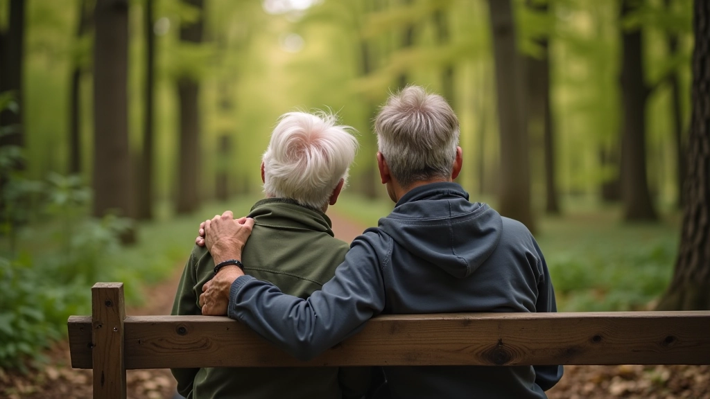Senioru pāris sēž uz koka soliņa mežā, pieņemot pauzi pārgājiena laikā